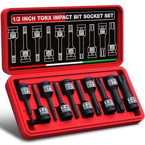 KIRXST Juego de Llaves de Vaso de Impacto con Puntas Torx, 1/2 Pulgadas, T25 - T80, 10 Piezas Fuerza Torx Bit