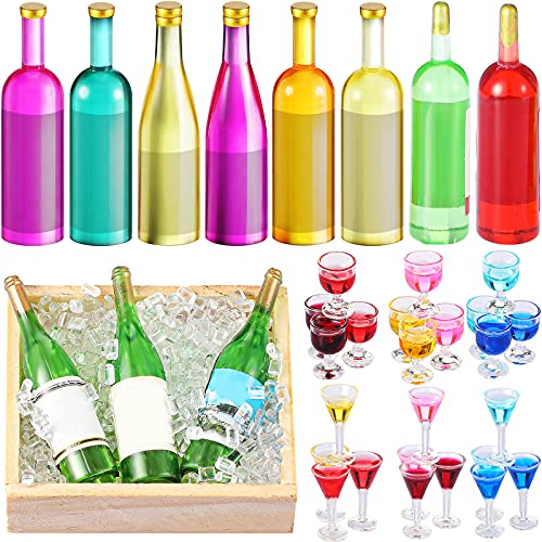 Sumind 33 Pieces Dollhouse Miniature Wine Bottles and Glasses Mini Cocktail Glasses Colorful Dollhouse Kitchen Accessories Cake Toppers for Dollhouse Decoration, Birthday Party Cake Decorations