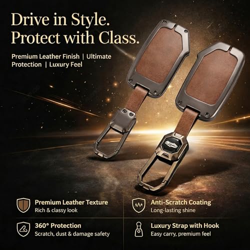 Image of Exclusive Metal Leather Key Cover Compatible with Kia Seltos 2024 2023 Facelift HTX | Carens X Line | Sonet Facelift 4 Button Smart Key Leather Protection with Keychain