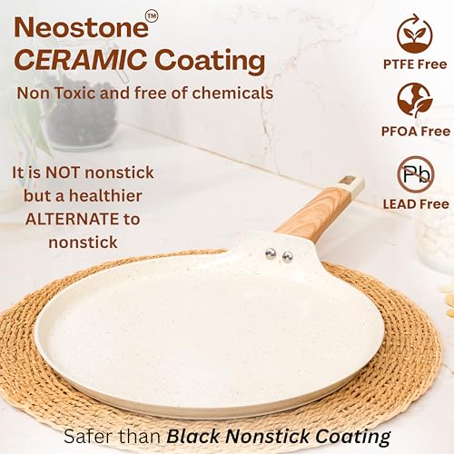 Image of Kreme Ceracook Ceramic Coated Granite Flat Tawa 28cm, ISI Certified Dosa Tawa, Forged Aluminium Body, Gas & Induction Compatible, Non Toxic Tawa PFAS & PTFE Free, 1 Year Warranty, Ivory