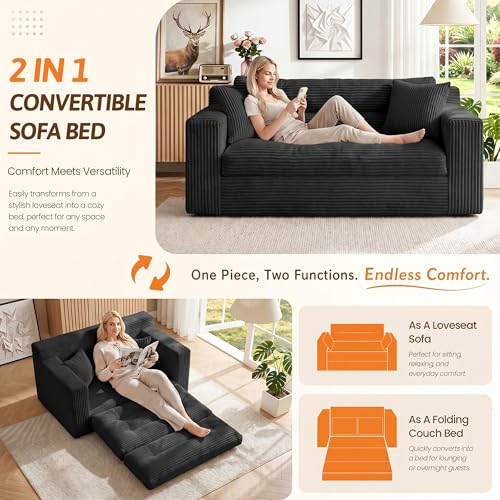 Image of Erament Boneless Loveseat Sofa Couch, 2 in 1 Convertible Sofa Bed with Pillows, Fold Out Bean Bag Chair Boneless Floor Couch for Living Room Bedroom Office Lounge Apartment, No Assembly Needed, Black