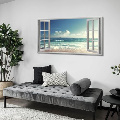 Blue Wall Decor - Beach Picture Canvas Prints Seascape Large Living Room Decor Coastal Wall Decoration Ocean Wall Art Beach Wall Art Picture Fake Window Landscape Home Decoration Stretched 30x60inch - Image 9