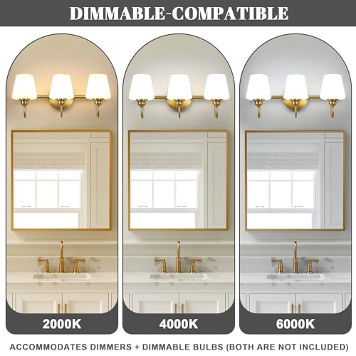 Image of LASENCHOO 3 Lights Bathroom Vanity Light Vintage Bathroom Lighting Fixtures Over Mirror, Brass Wall Sconce Modern Wall Lights for Bedroom Living Room Hallway with Milky Glass Shade, E12 Socket