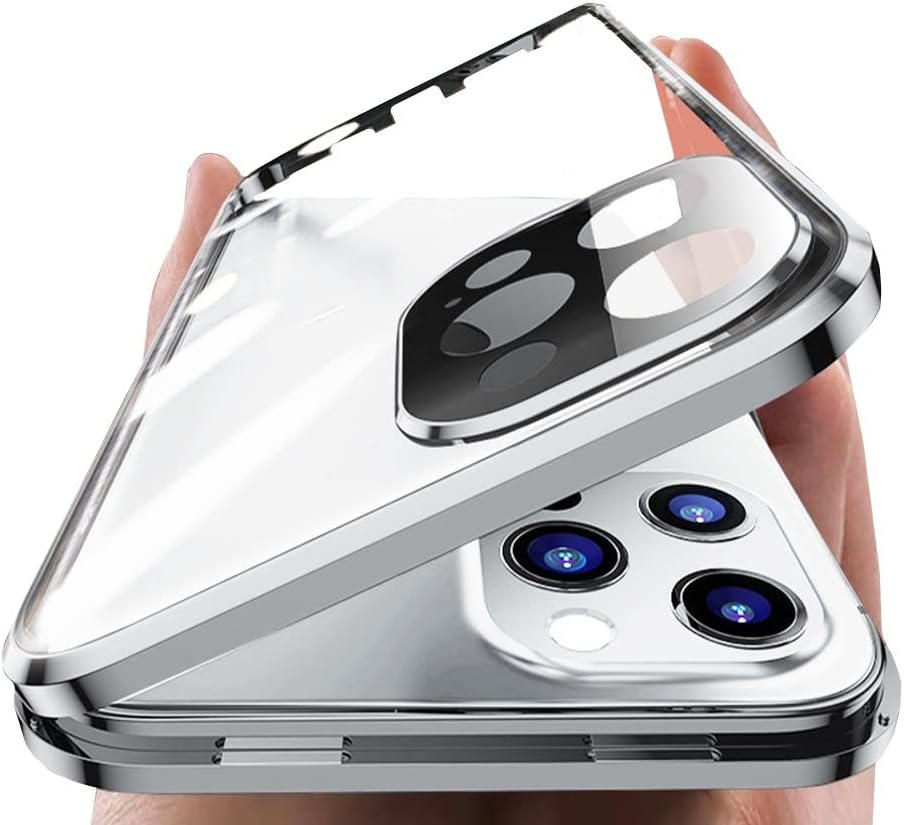 HENGHUI Lockable Magnetic Case for iPhone 14 Pro Glass Case with Camera Lens Protector Screen Protector Safety Lock 360 Full Body Double Sided Glass Bumper Case Clear Cover (Silver)