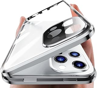 HENGHUI Lockable Case Compatible with iPhone 14 Pro Max Magnetic Glass Case with Camera Lens Protector Screen Protector Safety Lock 360 Full Body Glass Clear Bumper Cover,Silver