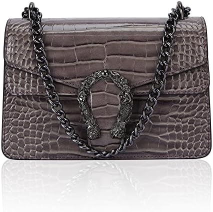 Aiqudou Women's Leather Snake Print Crossbody and Shoulder Bag - Luxury Chain Strap Bag Ladies Satchel Handbag Evening Square Purses(Rose Gray)