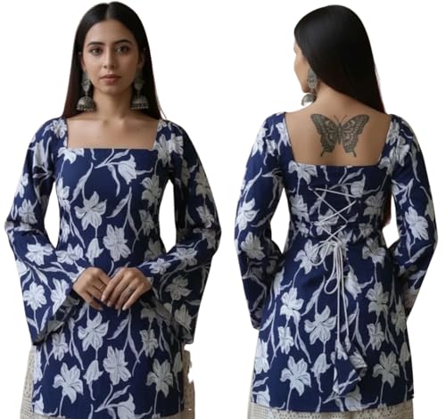 Image of Rayon Floral Print Short Kurti for Women | Square Neck Long Sleeve Top for Women | Criss Cross Back Desing Kurti | Soft Breathable Fabric | Relaxed Fit | Casual and Office Wear