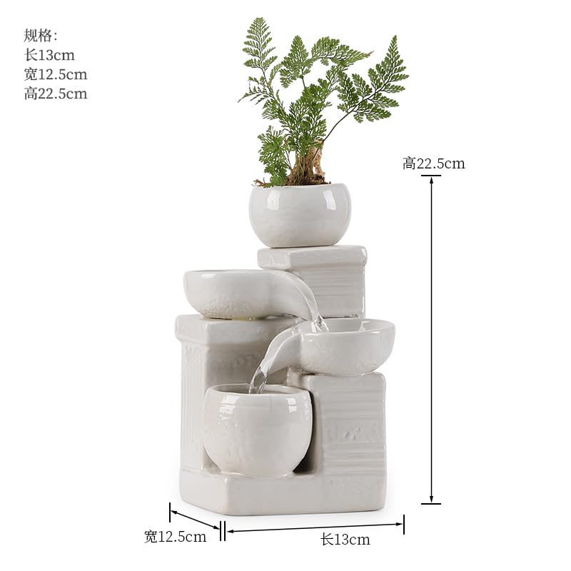 Indoor and Outdoor Tabletop Desktop Fountain Water Feature Home and Garden Ceramic Decoration (White S094)