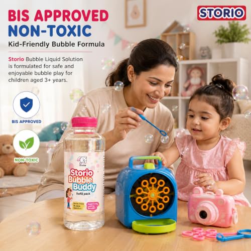 Image of Storio Bubble Liquid Solution Bottle 750ml | Colorful Bubble Refill for Bubble Guns, Camera & Machine Toys | Safe & BIS Approved Bubble Water for Kids 3+ Years