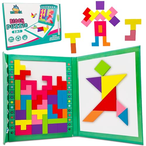 Zrccox WYBZD-003 Wooden Blocks Brain Teaser Magnetic Puzzle Game, Board Games For Kids 8-12, Montessori Toys Puzzles For Kids Ages 8-10, Tangram Jigsaw Intelligence Colorful 3D Russian Blocks Game cover