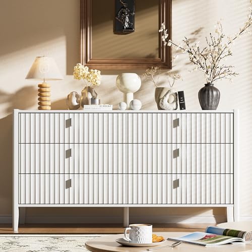 Image of Furniway White 6 Drawer Dresser, Modern Wide Dresser for Bedroom, Fluted Wood Chest of Drawers with Metal Handles for Clothes, Storage Cabinet for Living Room, Entryway, Office