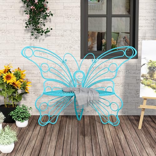 DIBRATY 50 Inches Outdoor Bench Garden Bench with Sturdy Iron Metal Frame Pretty Butterfly Bench Front Porch Bench for Porch Lawn Garden Yard