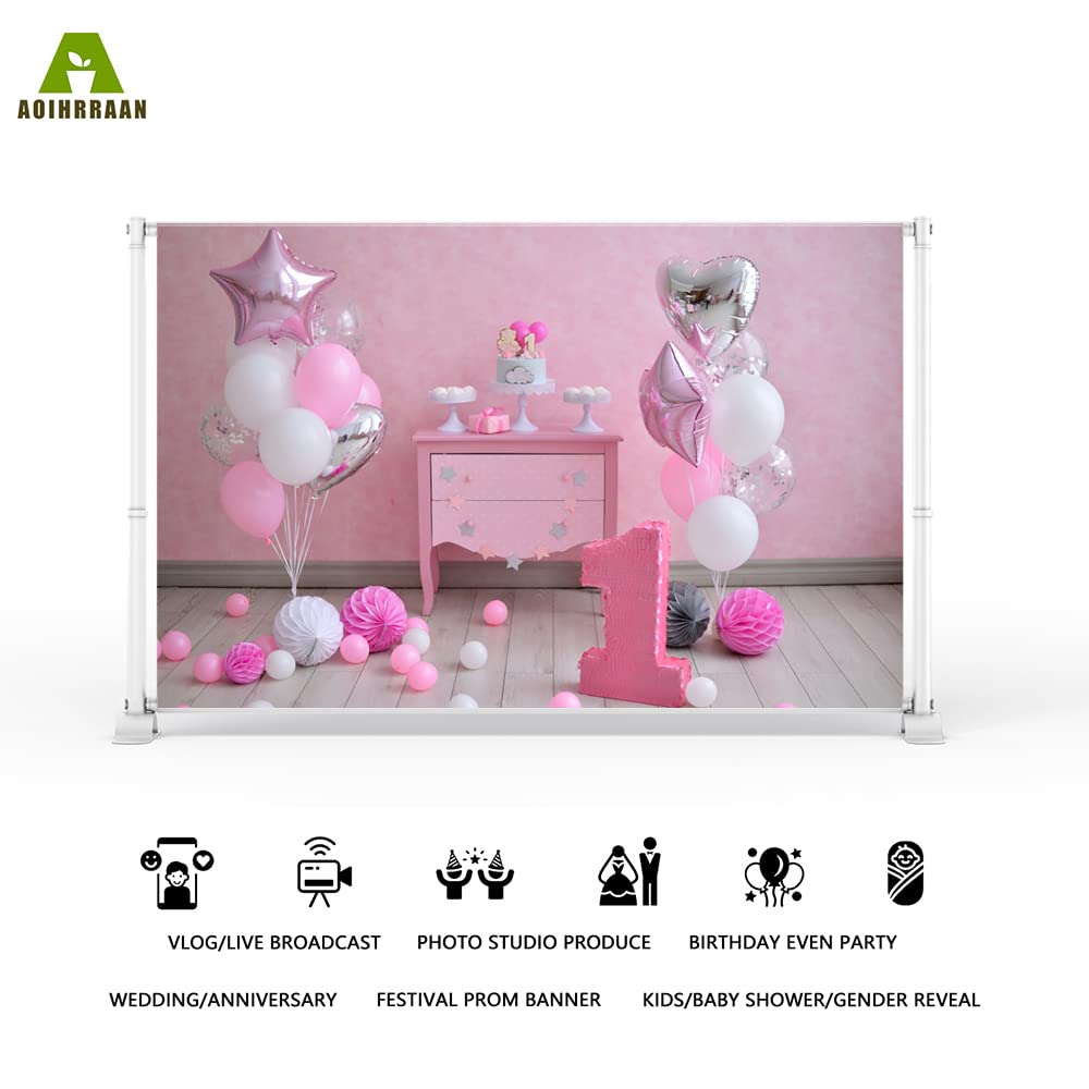Aoihrraan 3,5x2,5m Kinder 1. Geburtstag Hintergrund Kuchen Tisch Luftballons Papier Blume Rosa Wand Geburtstag Zimmer Dekor Fotografie Hintergrund für Mädchen Prinzessin Party Baby Dusche Foto Prop