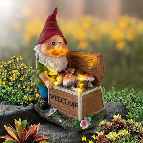 ZOKBOM Gnome Garden Statue, Outdoor Garden Gnomes Ornaments with 3 Solar Mushroom Lights, Waterproof Resin Gnomes Garden Figurine for Patio Yard Lawn Housewarming Birthday Gifts