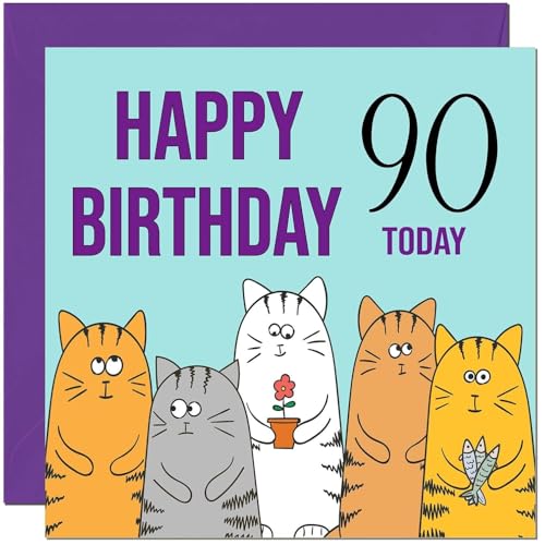 90th Happy Birthday Card - Cute Cats Birthday Card for 90 Year old Ninety Ninetieth