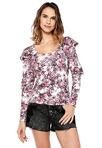 GUESS Women's Long Sleeve Bianka Ruffle Top, Hyper Bloom Print Rose dust, L