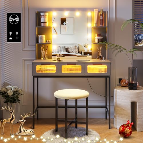 HNEBC Vanity Desk with Sliding Mirror and LED Lights, RGB Vanitys with Charging Station, Makeup Vanitys with Remote Control, White Dresser with Stool/Lager Drawers for Bedroom (Grey) 5080-gr