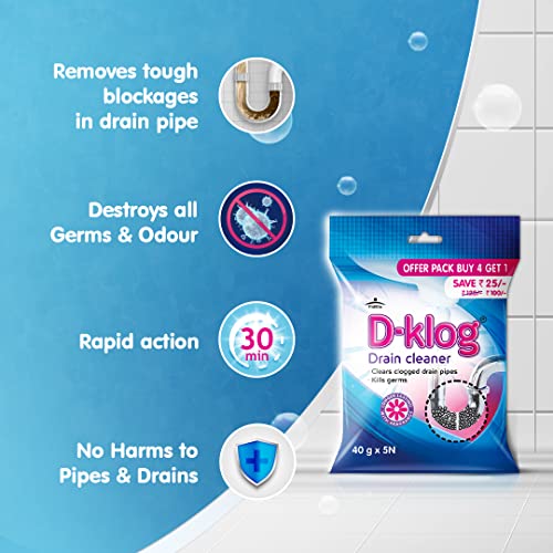 Pidilite-D-Klog-Drain-Cleaner-Powder-40g-x-5N-Removes-Clogs-Blockages-in-Washbasin-Septic-Tank-Sinks-Pipes-within-30-Minutes-Drain-Expert-No-Manual-Hassle-Drainage-block-and-Clog-remover