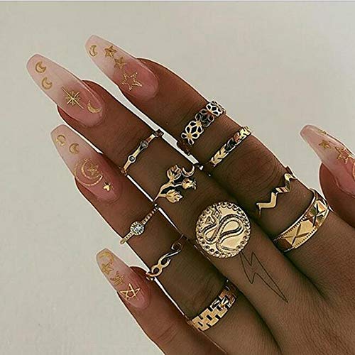 Missgrace 10 Piece Boho Rings Set Vintage Rhinestones Statement Gold Rings Set Festive Jewelry Rings Ladies Bohemian Rings Set Knuckle Rings Tribal Accessory for Women (Style 9)