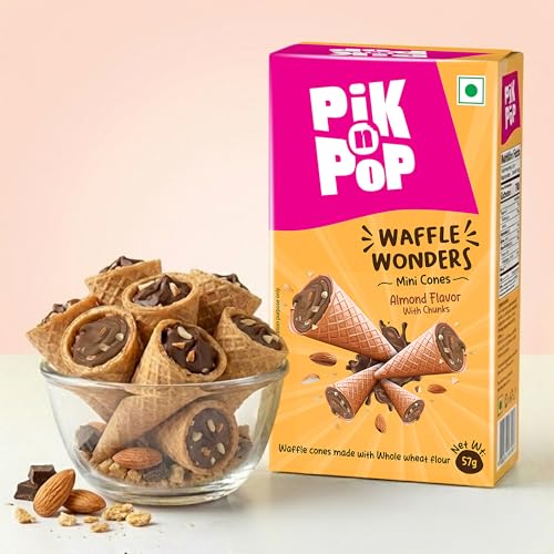 Image of Pik n Pop Almond Mini Waffle Cones 57g, Crispy Cones with Creamy Almond Filling & Chunks, Whole Wheat, Non-Meltable Ready-to-Eat Snack, 100% Eggless