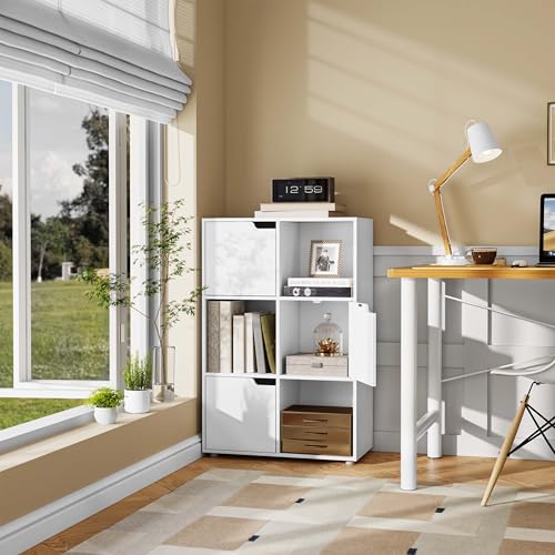 WOLTU Bücherregal, für Arbeitszimmer Schlafzimmer & Wohnzimmer, Bücherschrank mit 3 Türen und 6 Fächer, Aufbewahrungregal, 59,6 x 91 x 29 cm (B x H x T)