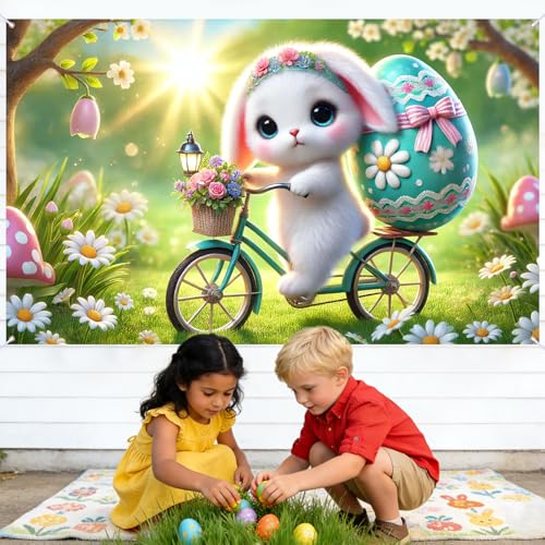 Image of Nuxovilar Easter Bunny Banner 43x71in Polyester | Spring Backdrop, Yard Banner, Easter Bunny Decor, Backyard Event Outdoor Sign (Bunny Banner)