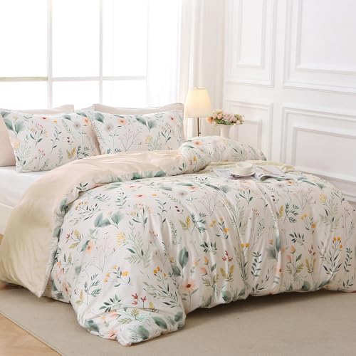 MUXHOMO Duvet Cover Queen Size, Reversible Floral Vintage Duvet Cover Set with Zipper Closure, 3 Pieces Botanical Patterns Soft Microfiber Bedding Set (90"x90", 2 Pillow Cases, Garden Leaves Beige)