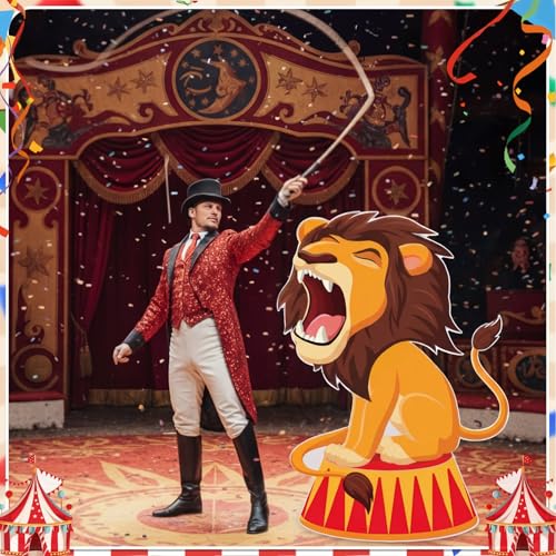 Image of Qunclay 4ft Circus Lion Cardboard Cutout Carnival Party Decoration Life Size Lion Photo Booth Prop Stand up Display Backdrop Decor for Carnival Birthday Party Supplies