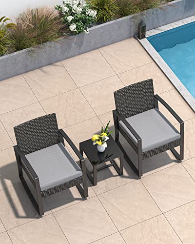 Aiho Patio Furniture Set 3 Pieces Wicker Outdoor Patio Bistro Rocking Chair Sets With Cushion Porch Furniture Set With Glass Table Rattan Chair Modern Bistro Set For Porches And Balcony (Grey Cushion) #TOP6