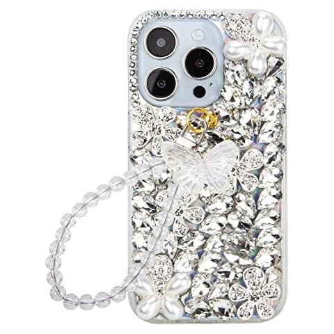 iFiLOVE for iPhone 14 Pro Bling Case, Girls Women 3D Luxury Sparkle Glitter Diamond Crystal Rhinestone Butterfly Charm Pendant Wristband Strap Laser Case Cover for iPhone 14 Pro 6.1 inch Cover