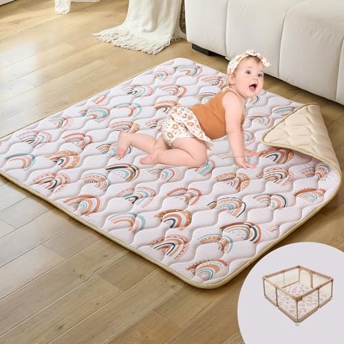 Image of PINNKKU Baby Play Mat - 50x50 Foldable & Machine Washable, Thick & Soft Padded Playpen for Baby & Toddlers, Boho Rainbow