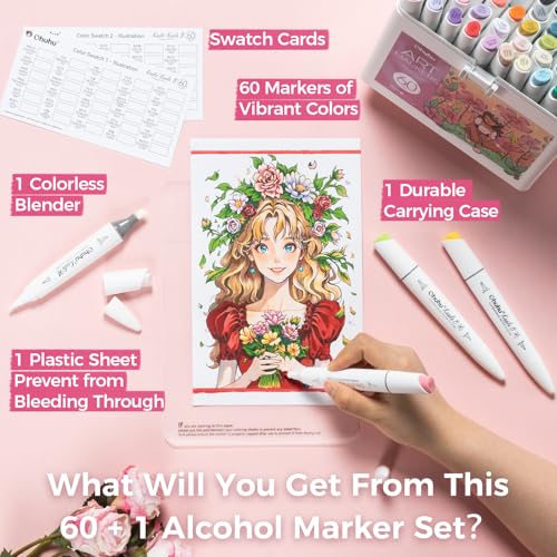 Image of Ohuhu Alcohol Markers: Mini Brush & Slim Broad 60 Illustration Colors Dual Tip Brush Tip Alcohol-based Art Marker for Artists Adults Coloring Illustration- Refillable, Multicolor
