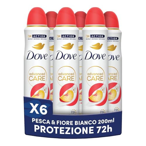 Dove Deodorante Spray Advanced Care Go Fresh Pesca, con Formula Idratante e Delicata sulla Pelle, Senza Alcol, Pelle Asciutta Fino a 72 Ore, Deodorante Uomo e Donna, 6 Pezzi da 200ml