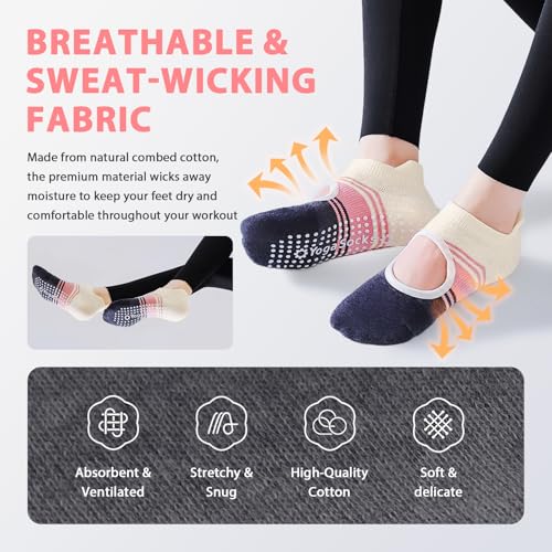 Image of Non Slip Pilates Grip Socks for Women Yoga Barre Knitted Cotton | Full Foot Sticky Silicone,Soft Breathable Comfortable,Durable Washable Anti Skid,Gentle Arch Compression Support