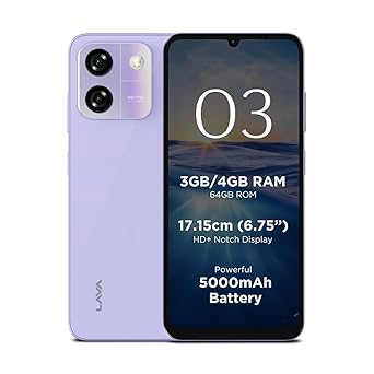 Lava O3 (Glossy Lavender, 3 GB RAM, 64 GB Storage) | Biggest 6.75" HD+ Display | 13MP AI Dual Rear Camera | 5000 mAh Battery | Secure Face Unlock | Fingerprint Reader | Charger & Phone-Cover in Box - image, photos