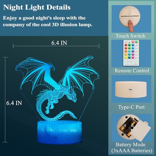 Image of Dragon Night Light, Dragon Gifts, 3D Illusion Lamp with 16 Colors Changing, Timer, 4 Flash Modes and Dimmable, Kids Boys Girls Room Decoration, Holiday Xmas Gifts