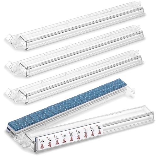 Mahjong All-in-One Tile Rack & Pusher, Clear Acrylic Mahjong Rack and Pusher Combo, Modern American Majiang Tile Racks Set of 4 (Clear)
