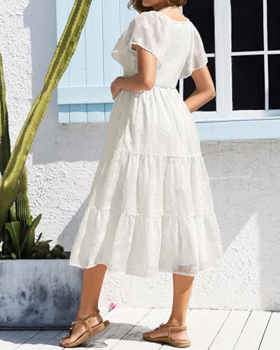 Image of Pinup Fashion Maternity Summer Dress Baby Shower Easter Pregnancy A-Line | Smocked V-neck, flutter sleeves, breathable floral fabric, bump friendly, perfect for photoshoot, spring casual,postpartum