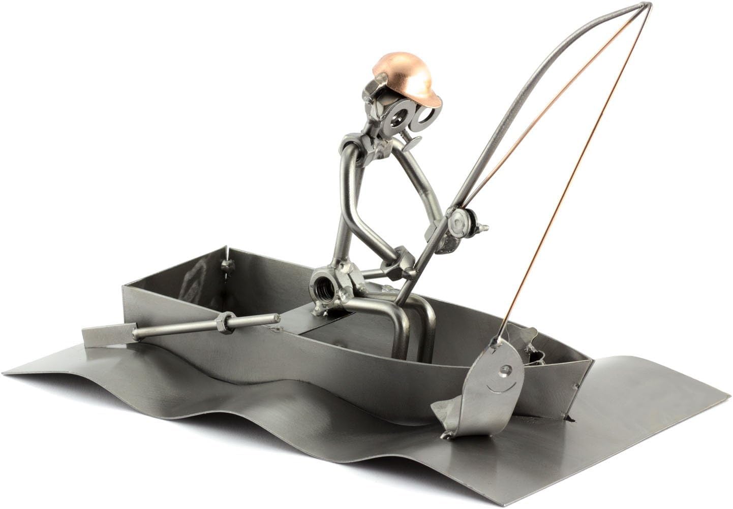 Omino Di Viti Steelman24 Pescatore: Soprammobile In Metallo Con Piastra Per Incisione Personalizzata, Regalo Originale Fatto A Mano