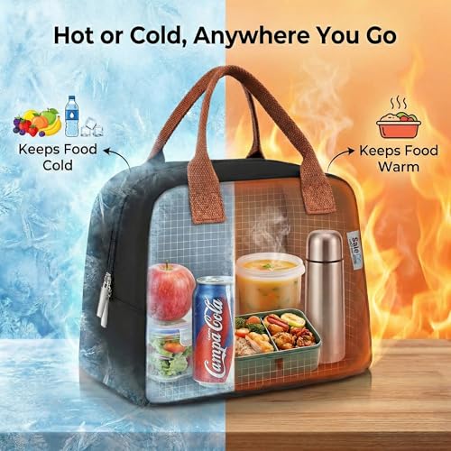 Image of SaleOn 7.5 LTR Thermal Insulated Lunch Bag for Women & Girls | Stylish Tiffin Bag | Big Size Food Carrier Tote for Office, College, School | Black Travel Lunch Box Pouch with Handle (Black)