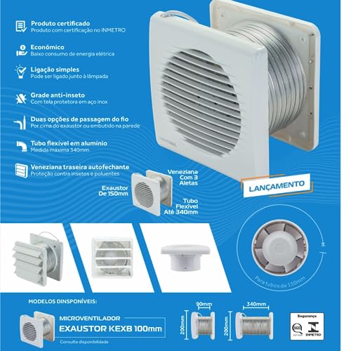 Kit Exaustor Banheiro Completo Bivolt 150mm Duto Grade Inseto