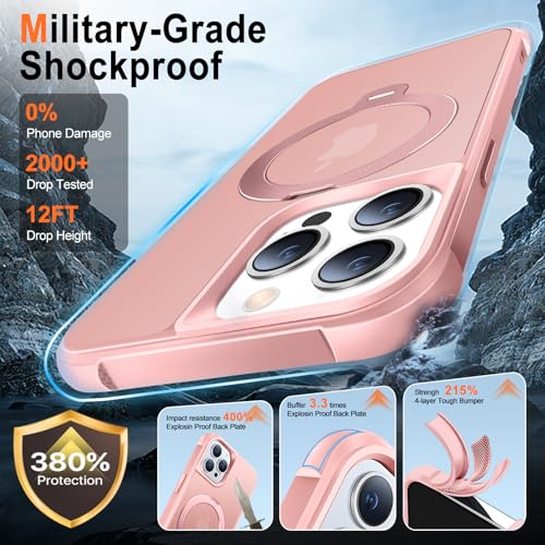 Coque de protection militaire iPhone 15 Pro rose haut de gamme avec anneau aimanté