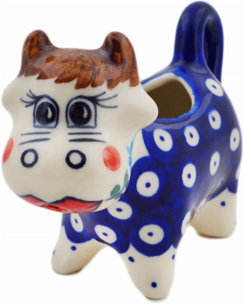 Polmedia Polish Pottery Cow Shaped Creamer - Lovely Blue Eyes Pattern Handmade in Boleslawiec Poland by Ceramika Dalia + Certificate of Authenticity