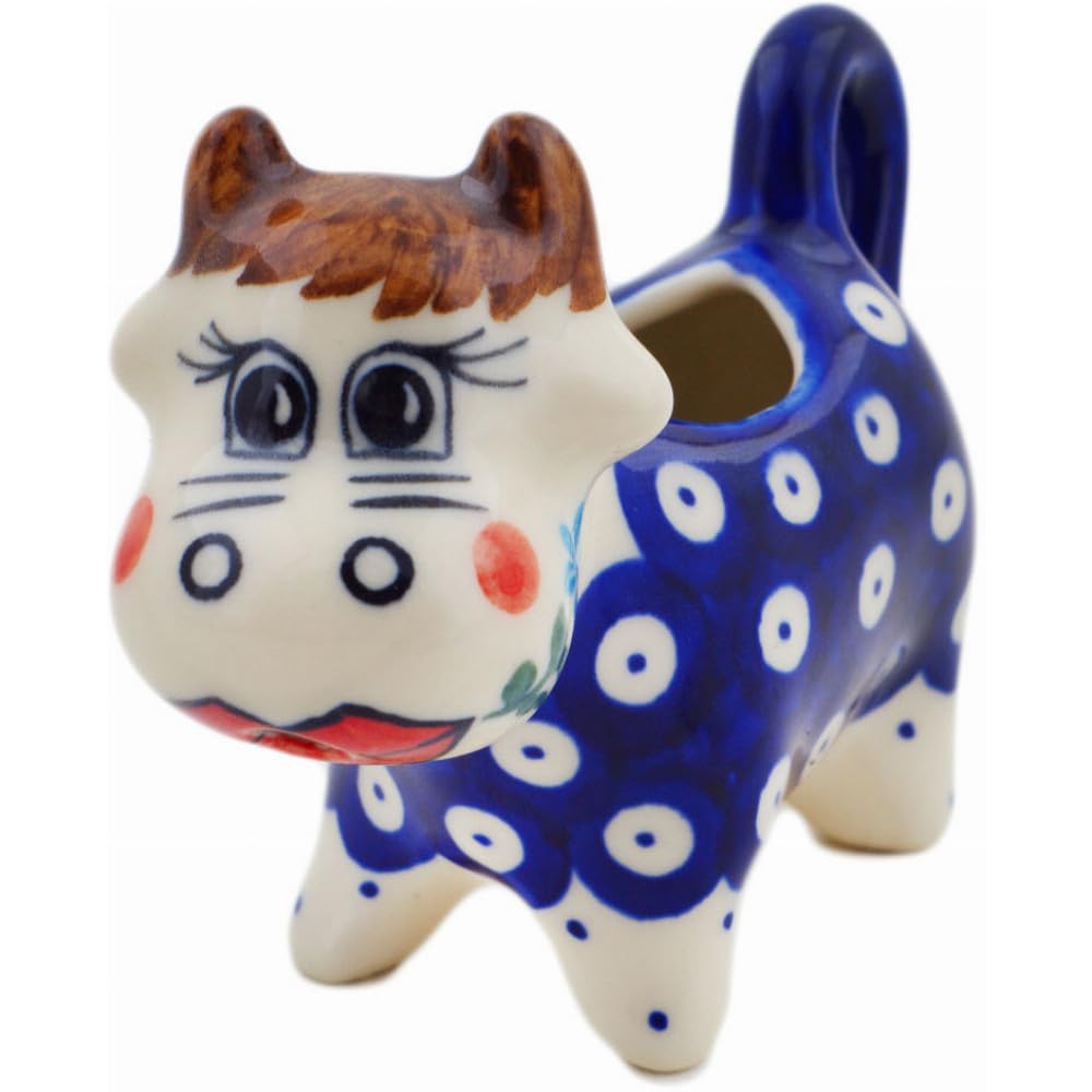 Authentic Polish Pottery Cow Shaped Creamer in Lovely Blue Eyes Design Handmade in Boles?awiec Poland by Ceramika Dalia + Certificate of Authenticity