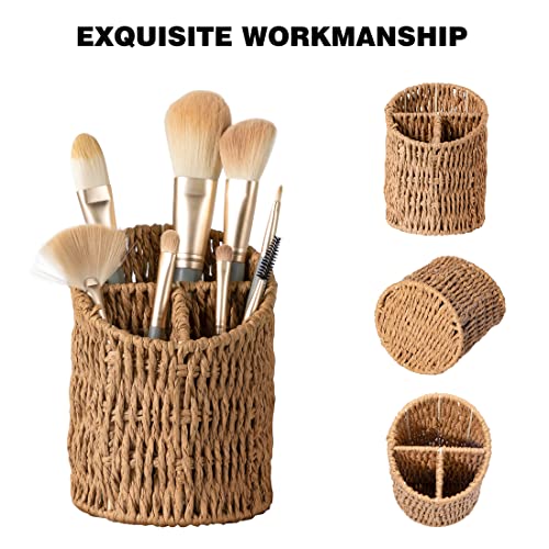 Dingtai Woven Pen Holders Wicker Decorative Pencil Holder Makeup Brush Holder 3 Compartments Round Pencil Holders For Desk Pencil Cups For Office & Home Woven Desk Organizer #TOP5