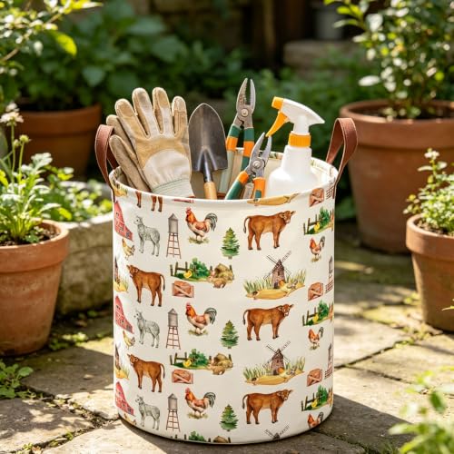 Image of 19.7 inch Laundry Basket,Dirty Clothes Hamper,Waterproof Storage Bin,Room Decor(Farm)
