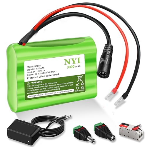 NYI 12V 3000mAh DC Rechargeable Lithium ion Battery Pack 3Ah with Charger and DC5521 Connector for Router, CCTV Camera, LED Strip Light, RC Car, DIY Tools and Other 12 Volt Devices (Small Si