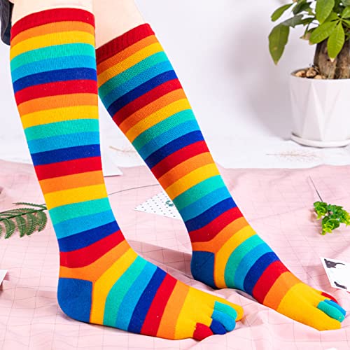 Image of Women Split Toe 5 Finger Calf Socks Rainbow Colorful Stripe Print Hosiery