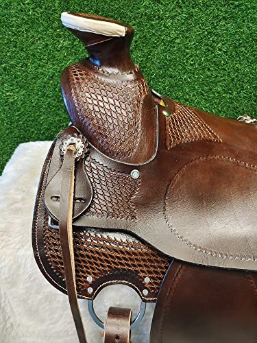Manaal Enterprises Size 14” 15” 16” 17” 18", Wade Tree A Fork Premium Western Leather Roping Ranch Work Horse Saddle Tack, Headstall, Breastplate & Reins (17, Wade_Rawhide) #TOP5