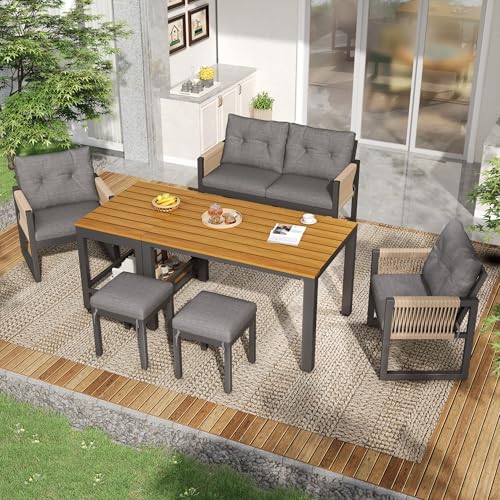 Taikonaut Modernes Gartenmöbel-Set, Garten-Lounge-Set, Outdoor-Sofa-Set mit Eisengestell, für Terrasse und Balkon, Abnehmbarer Tisch, 2 Sessel, Zweisitzer-Sofa, 2 Hocker, Kissen, Grau...